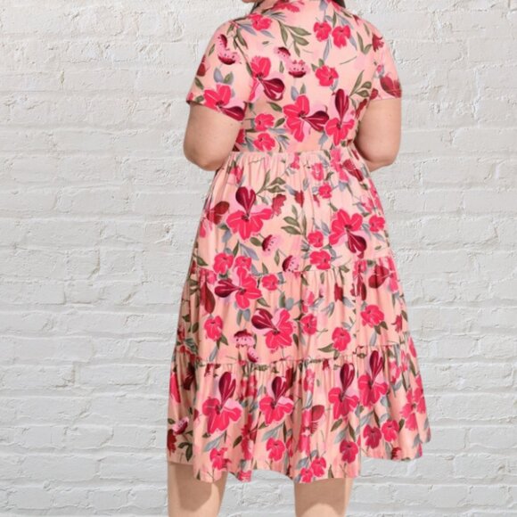 Size 3X Ritera Pockets Button Up Floral Polo Neck Shirred Midi Dress NWT - Picture 2 of 10